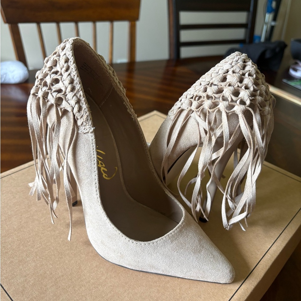 Privileged Beige Suede Pointed Toe Fringe Heels